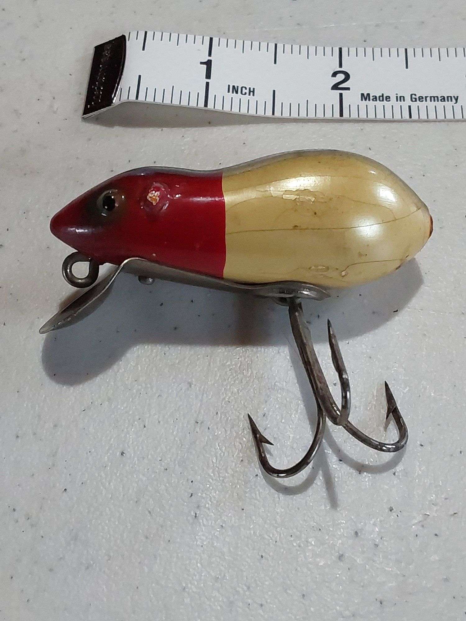 Ancien Leurre De Pêche Paw Paw En Bois - 3 Hameçons - Couleur Rouge/blanc - Vintage Crankbait