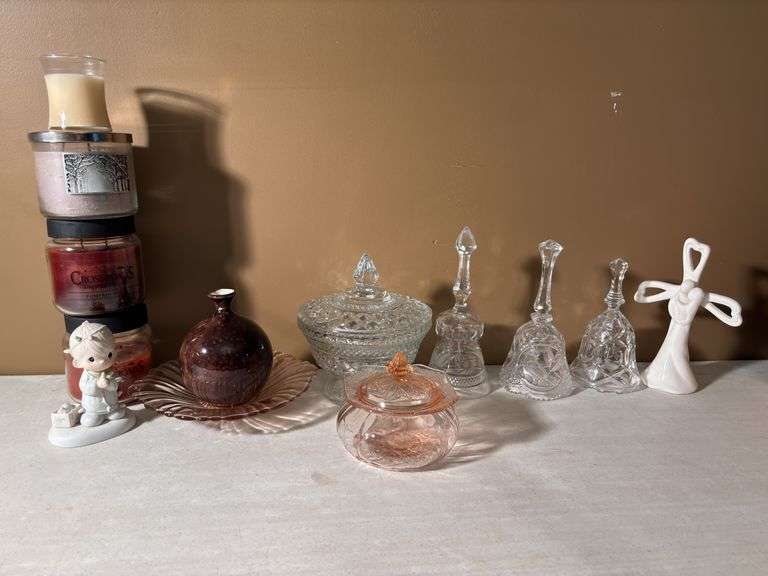 Scented candles , pink depression glass , crystal bells