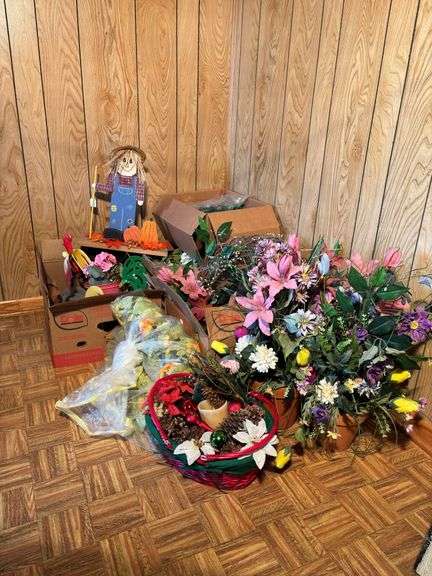 Plastic flowers , fall decor , wooden bushel crate