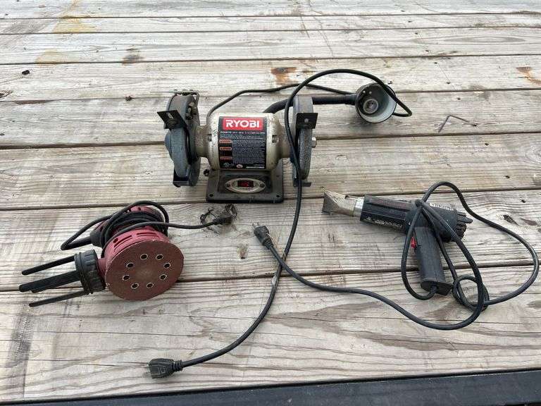 Ryobi 6 in. Bench grinder, Chicago electric sander and Milwaukee heat gun - untested