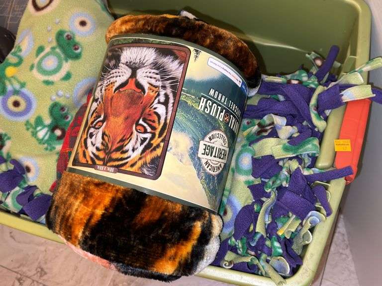 Tote of Plush Throws, Blankets, Foot Massager, Sewing Kit Box, Movies, and Booklets