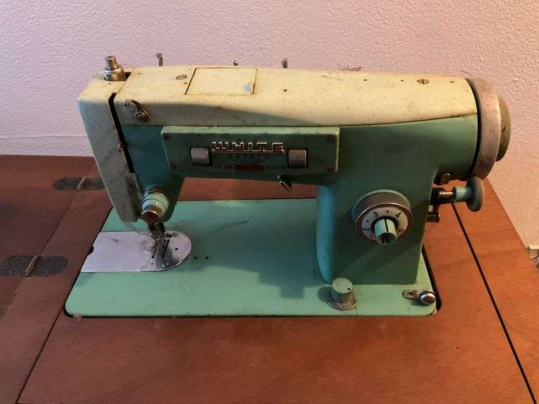 Vintage White Sewing Machine in Cabinet