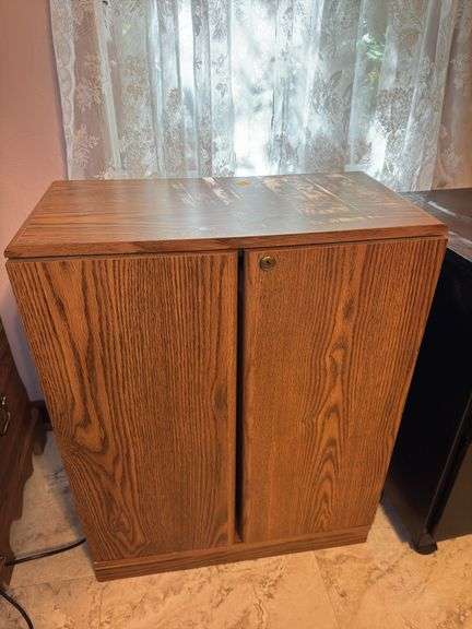 (1) Metal Filing Cabinet and (1) Vintage Wooden VHS Storage Cabinet