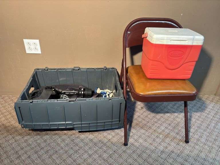 Chair , lunch box , tote of nozzles , miscellaneous
