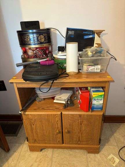 Wooden Nightstand Cabinet and Contents