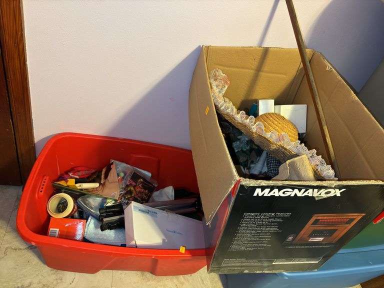 Tote and Box of Household Decor and Miscellaneous Items