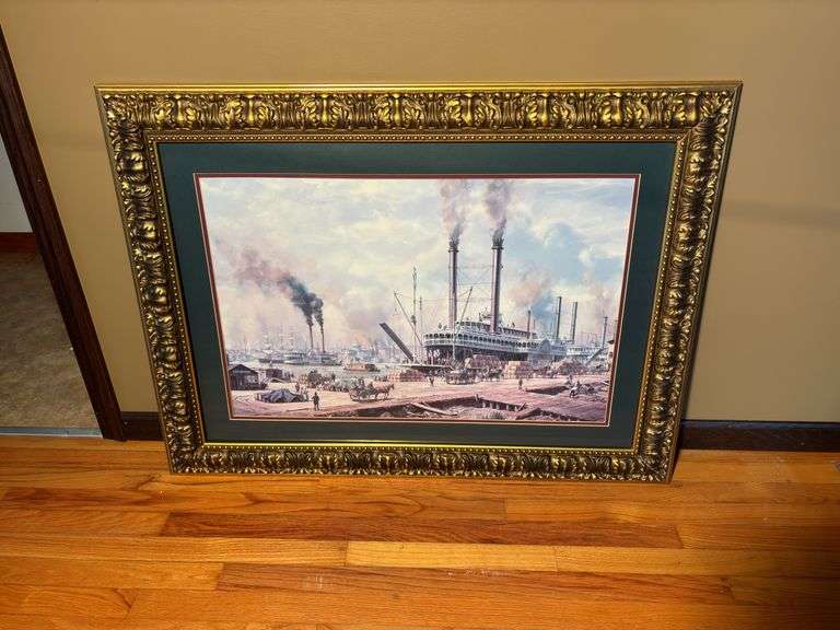 Riverboat scene signed picture 41”wide 31” High , nice frame