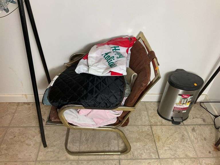 Clothes Hanging Rack, Clothes Hangers, Trash Can, Chair with Contents