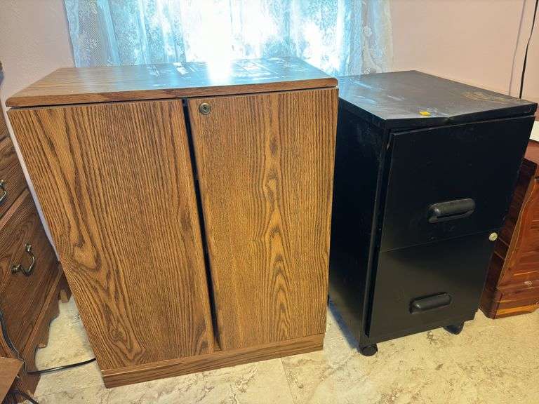 (1) Metal Filing Cabinet and (1) Vintage Wooden VHS Storage Cabinet