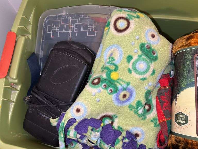 Tote of Plush Throws, Blankets, Foot Massager, Sewing Kit Box, Movies, and Booklets