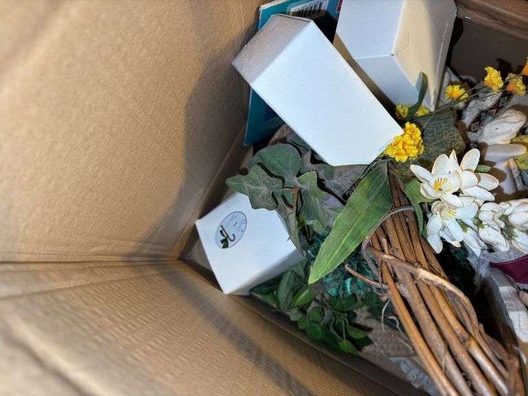 Tote and Box of Household Decor and Miscellaneous Items