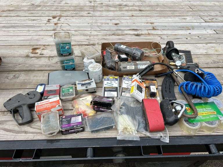 Large lot of wiring, fasteners, tagging gun, air hose, pry bar, tape and more