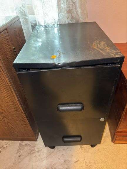 (1) Metal Filing Cabinet and (1) Vintage Wooden VHS Storage Cabinet