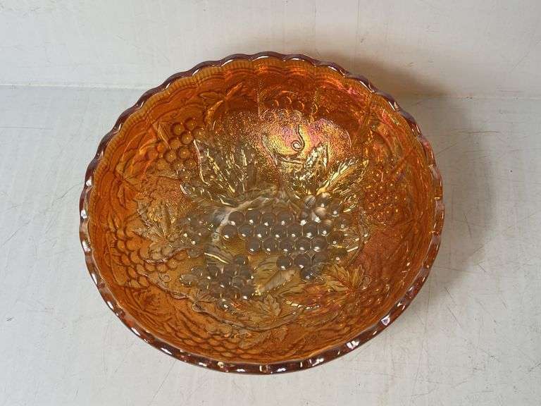 Marigold Carnival Grape Vine Design Iridescent Glass Bowl Kaufman