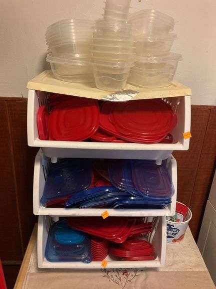 Assortment of Tupperware Storage Containers with 3 Shelf Organizer Bin