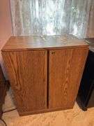 (1) Metal Filing Cabinet and (1) Vintage Wooden VHS Storage Cabinet