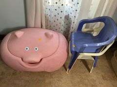 Pig Toy Box with Contents of Toys, 2 Children’s Chairs