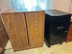 (1) Metal Filing Cabinet and (1) Vintage Wooden VHS Storage Cabinet