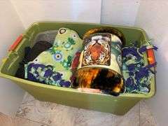 Tote of Plush Throws, Blankets, Foot Massager, Sewing Kit Box, Movies, and Booklets