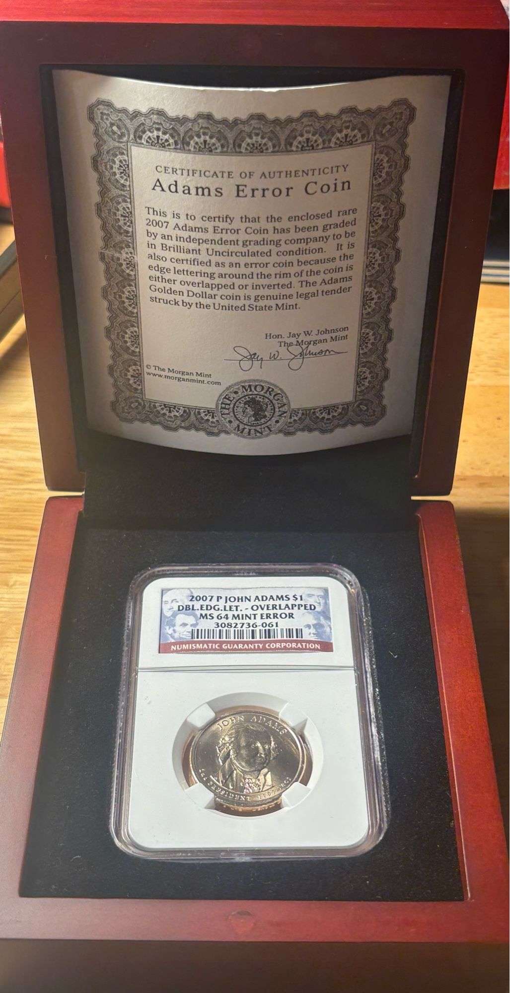 2007-P John Adams $1 Double Edge Lettering Overlapped MS64 Mint Error ...