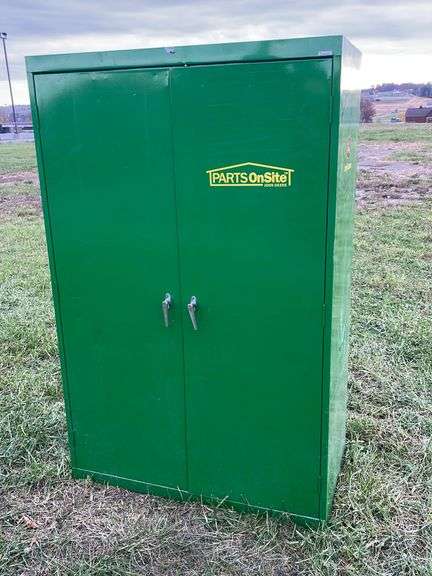 Green Sandusky metal cabinet w/ John Deere logos w/ contents- 24x46x72