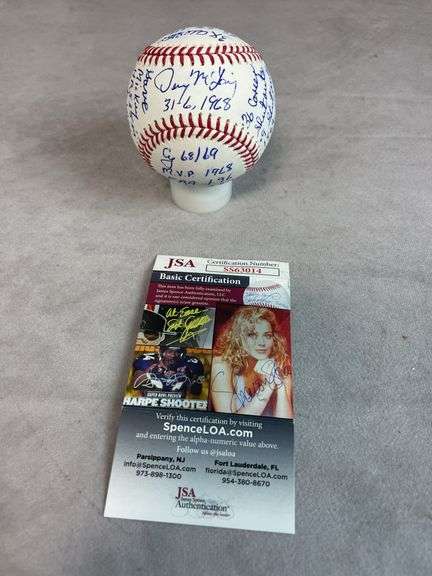 Denny McClain signed Stat baseball, over 28 Statistics JSA, all in blue ink