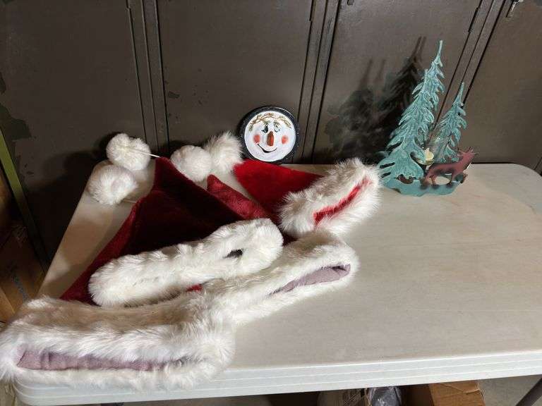 Christmas Decorations including Santa hats, Hand painted Lid, etc.