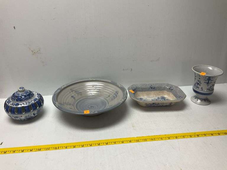 Blue Hand-Painted Porcelain Dishes (Cup Is Cracked)