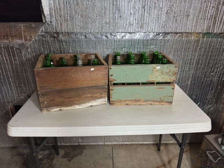 Glass Bottles in Wooden Crate including 7Up, Teem Soda, Wink Canada Dry, Vess Cola, etc.