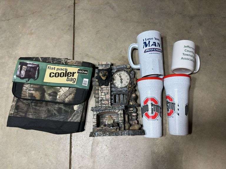 Flat Pack Cooler Bag, Bear Clock and Beer Mugs.