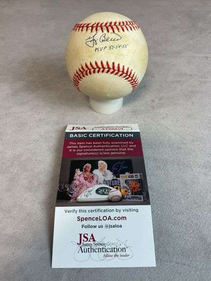 Yogi Berra signed Stat, MVP 51-54-55, JSA, signed with blue in on the sweet spot