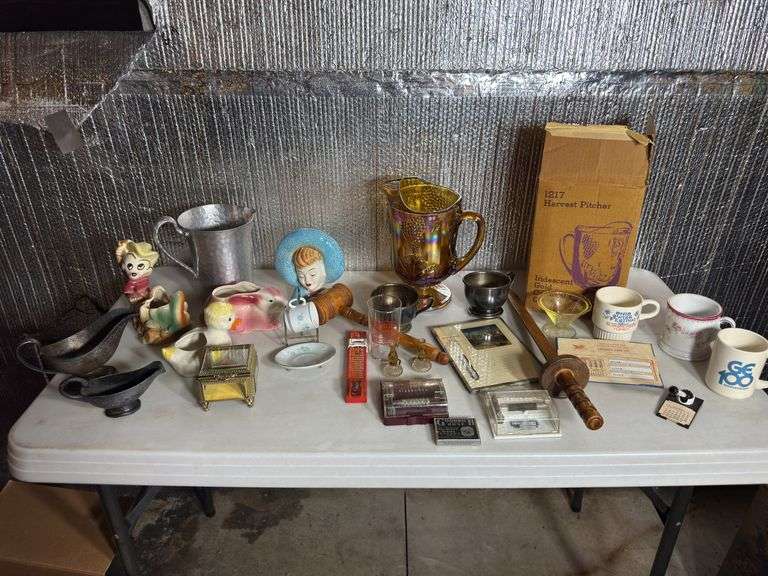 Iridescent Gold Carnival “Harvest" 70oz Ftd Pitcher #1217 & Local Advertising.