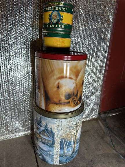 Tin cans including Old Master Coffee.