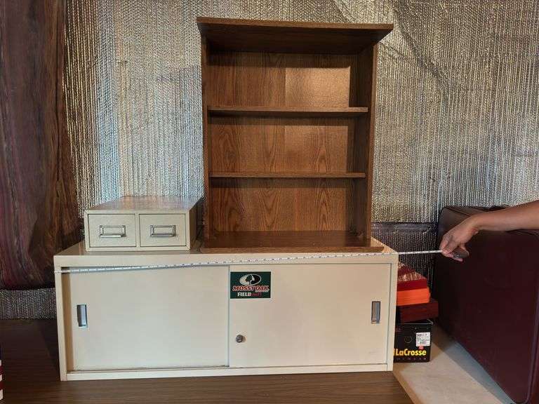 42X18 Sliding Door Metal Cabinet, 2 Drawer Card File and Wood Shelf.