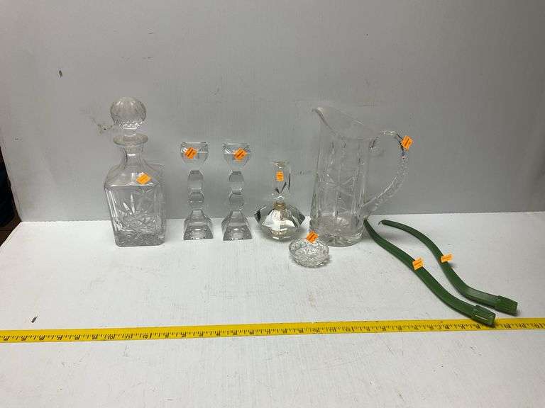 Glass Decanter, Pitcher, Candlestick Holders and Decor