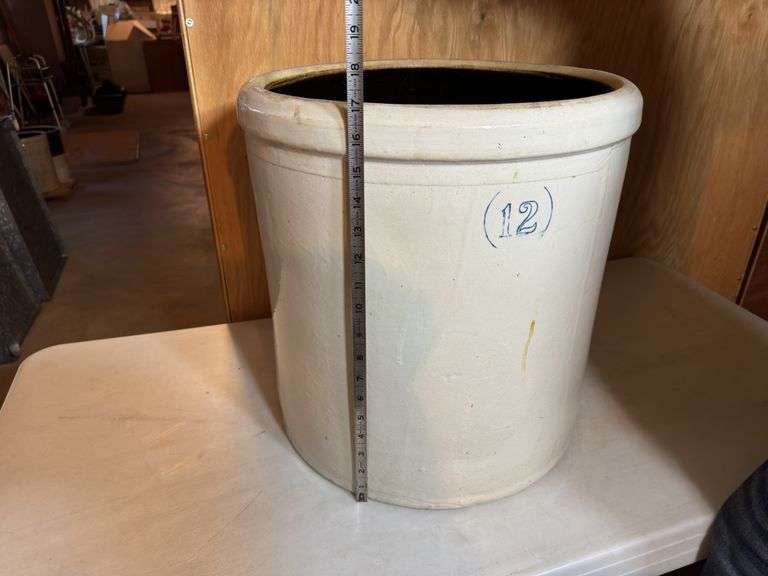 12-Gallon Stoneware Crock - A measuring tape is shown in the photos to display dimensions.