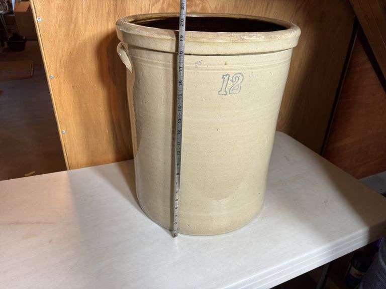 12-Gallon Stoneware Crock - A measuring tape is shown in the photos to display dimensions.