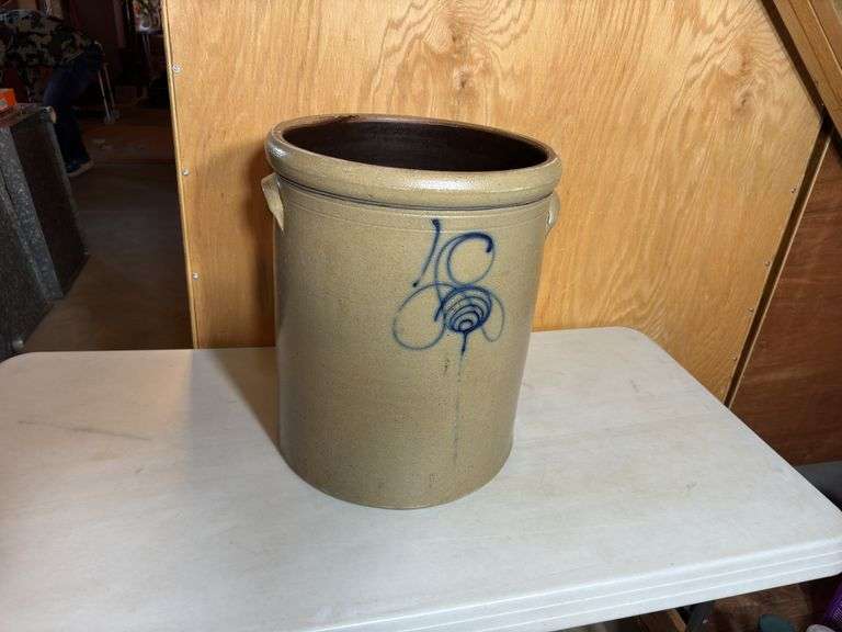 10-Gallon Stoneware Crock - Minor Hairline Crack. A measuring tape is shown in the photos to display