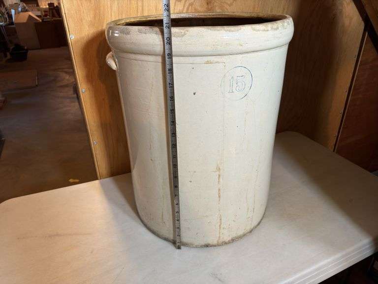 15-Gallon Stoneware Crock - A measuring tape is shown in the photos to display dimensions.