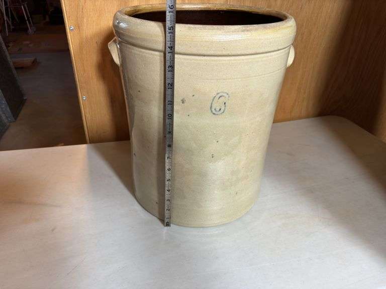 6-Gallon Stoneware Crock - A measuring tape is shown in the photos to display dimensions.