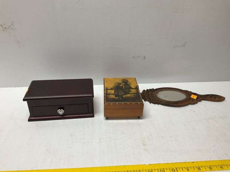 (2) Wooden Jewelry Boxes and (1) Handheld Mirror