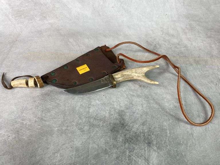 Homemade Deer Handle Neck Knife w/Leather Sheath