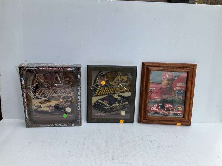 (2) NASCAR Wall Clocks and (1) Framed NASCAR Picture