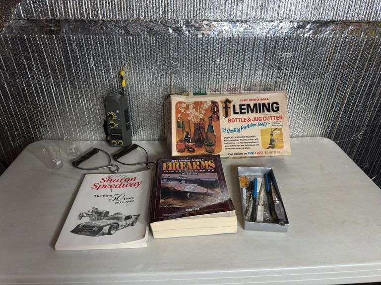 GE Weather Band Handheld CB Radio, Letter Openers, Bottle & Jug Cutter and Books.
