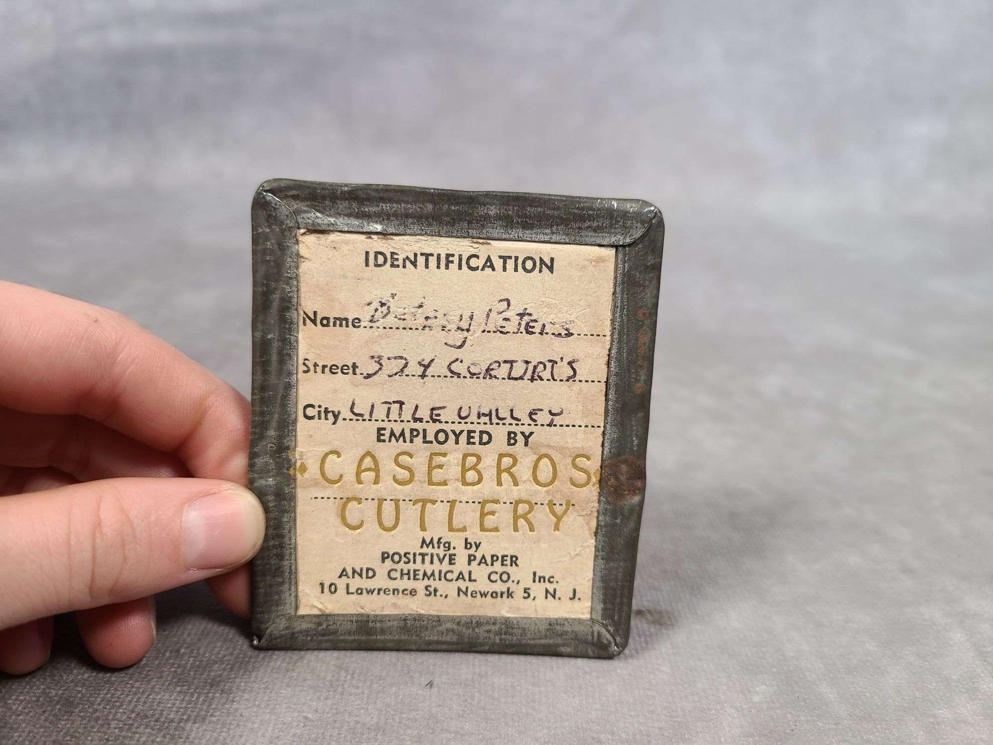 ANTIQUE CASE BROS EMPLOYEE IDENTIFICATION CARD W/PHOTO, BETESY PETERS