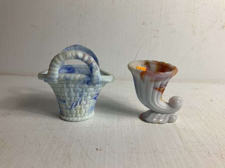 Vintage Acro Agate Basket, Acro Agate Cornucopia Vase