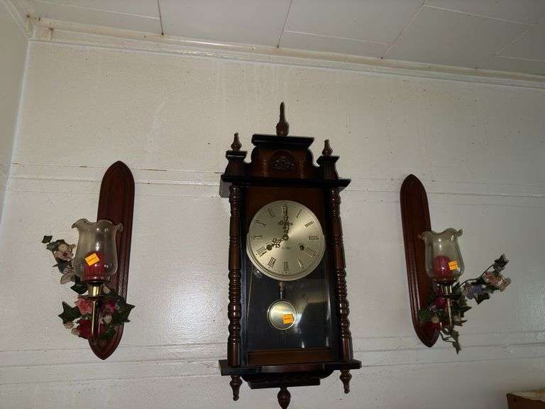 Vintage Wall Clock w/ (2) Sconces