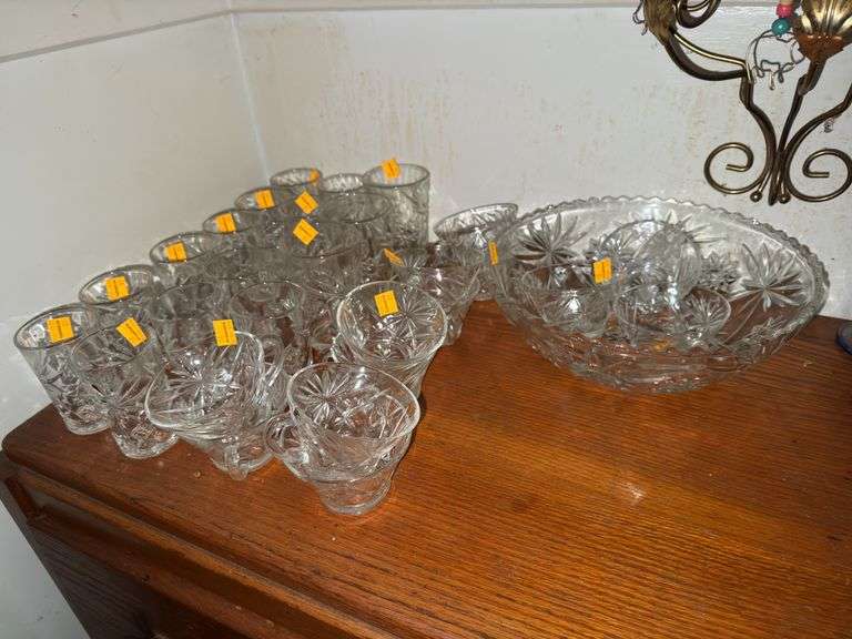 Assortment of Clearcut Punchbowl Set and Glasses