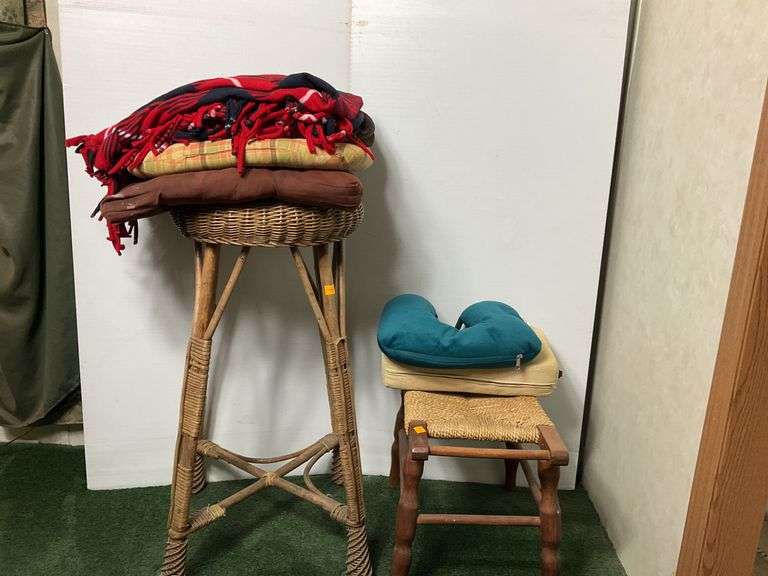Vintage Woven Stool, Vintage Wicker Plant Stand, Blankets and Cushions