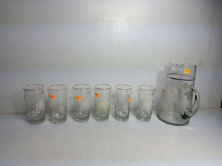 Floral Glass Pitcher and Cup Set